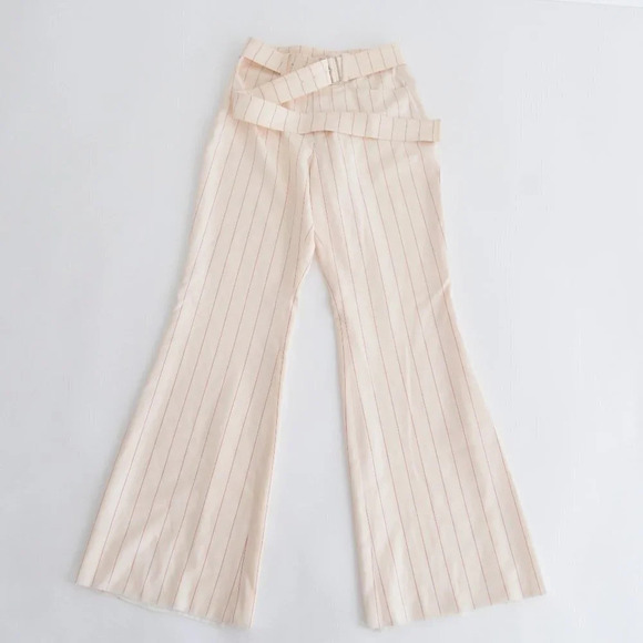 Orseund Iris Cream w Red Pinstripe Wide Leg Mid-Rise Crop Dress Pants Trousers 6 - Picture 3 of 14